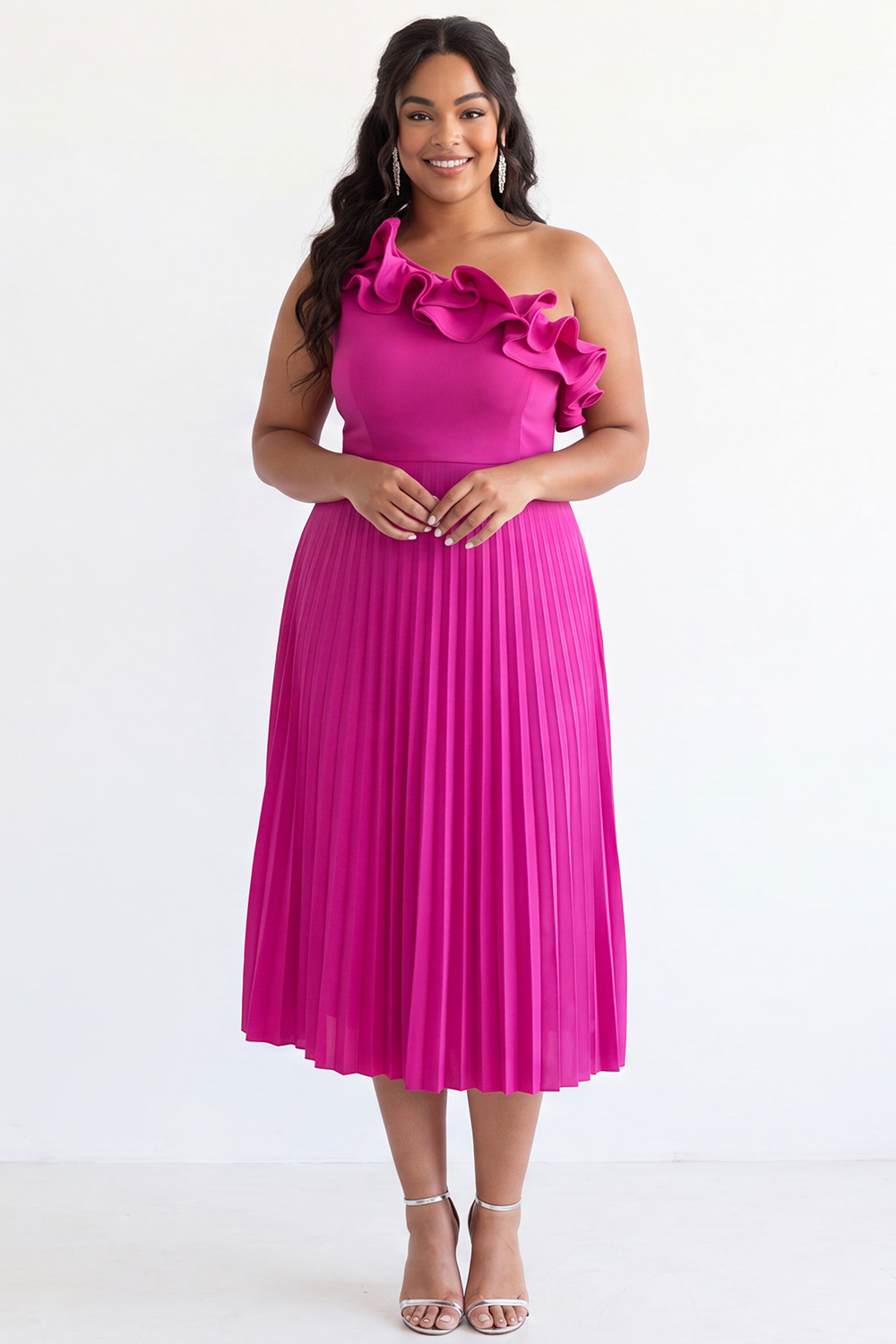 Plus Size Fuchsia One Shoulder A Line Pleated Wedding Guest Dress