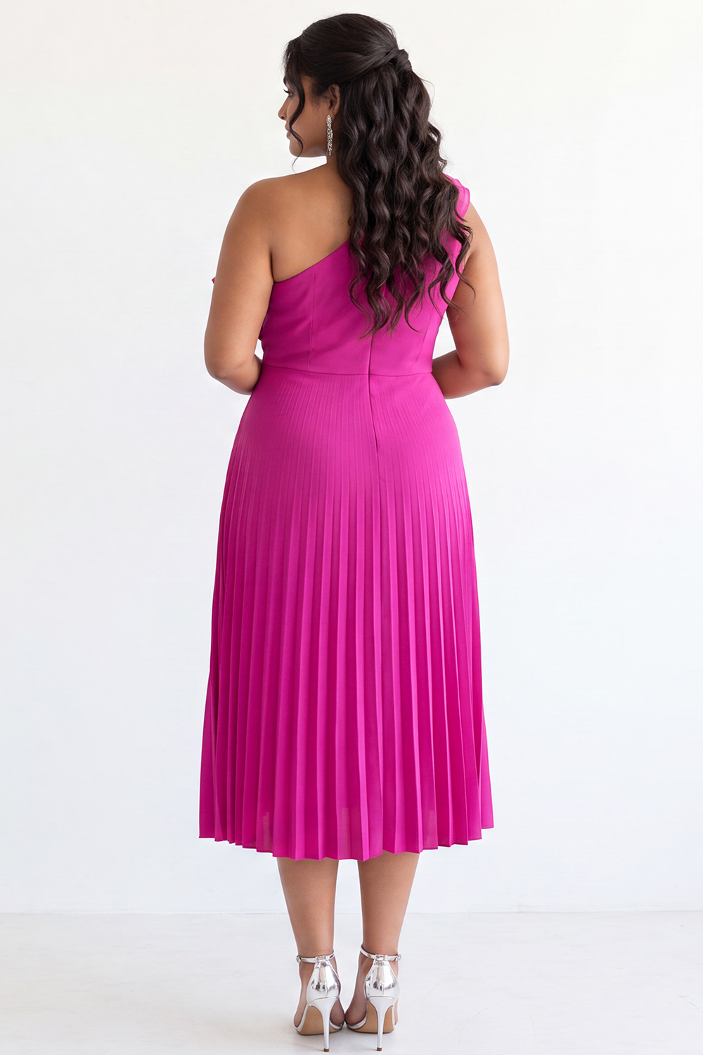 Plus Size Fuchsia One Shoulder A Line Pleated Wedding Guest Dress
