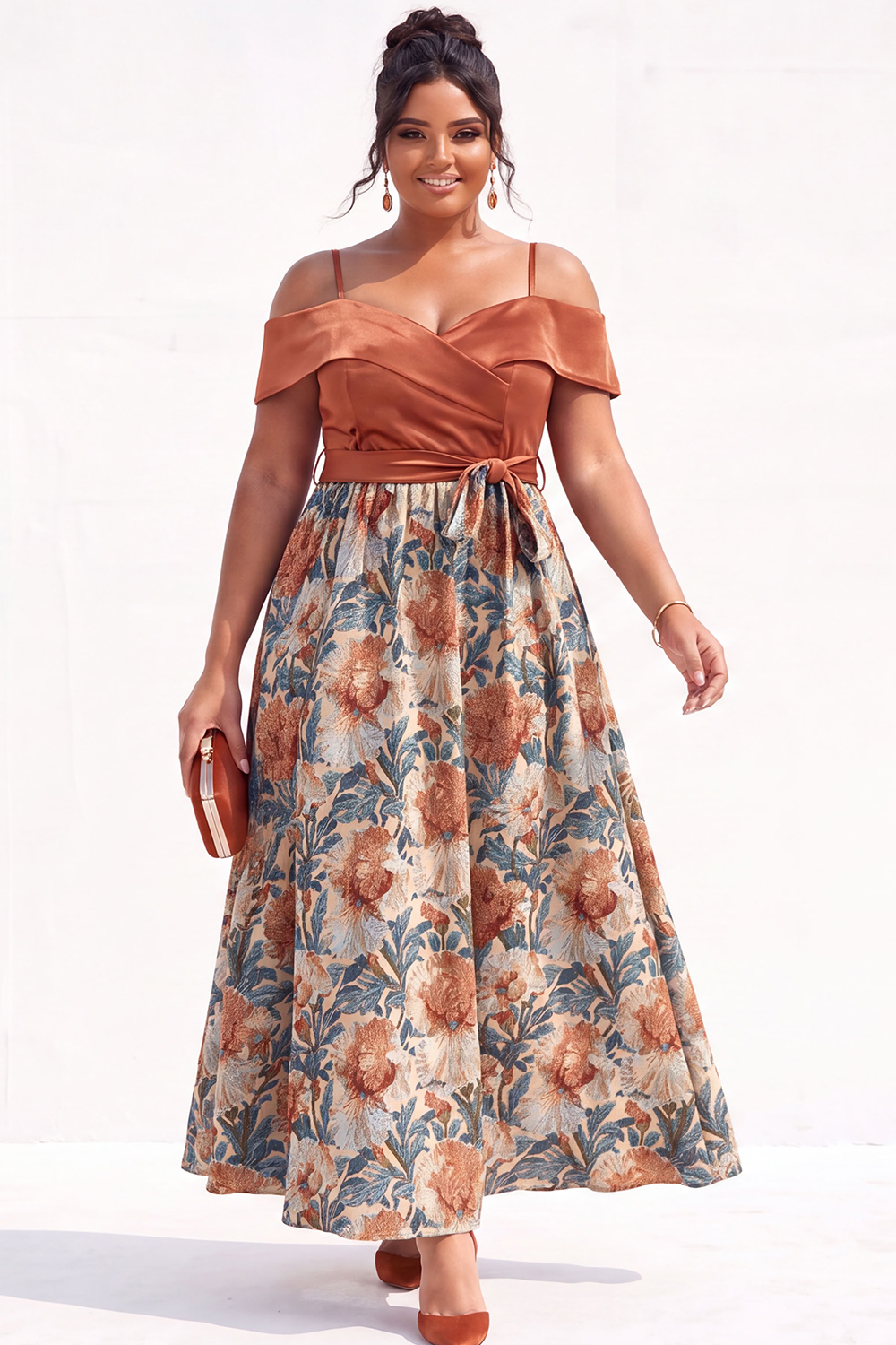 Beige Yellow Cold Shoulder A Line Floral Plus Size Wedding Guest Dress