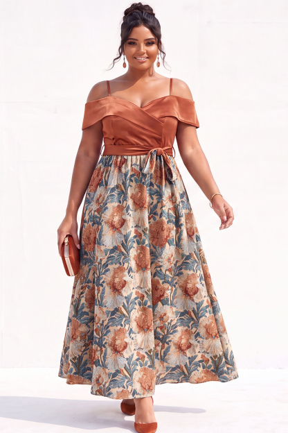 Dressself Women Beige Yellow Floral Plus Size Wedding Guest Dress Cold Shoulder A Line Long Wedding Party Dress