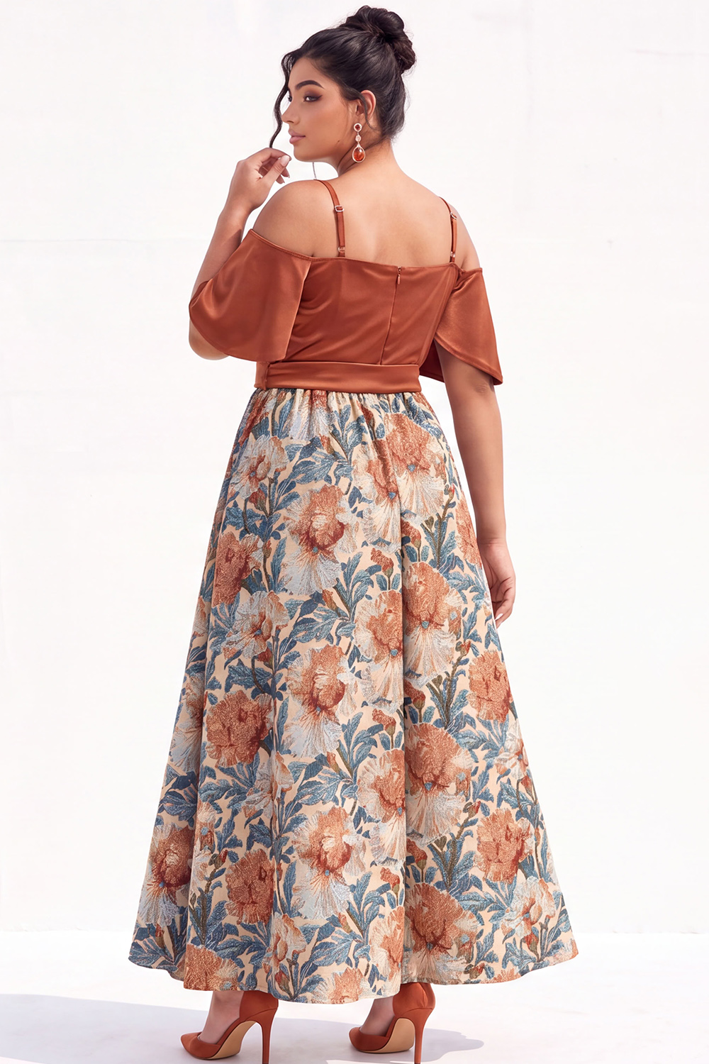 Beige Yellow Cold Shoulder A Line Floral Plus Size Wedding Guest Dress