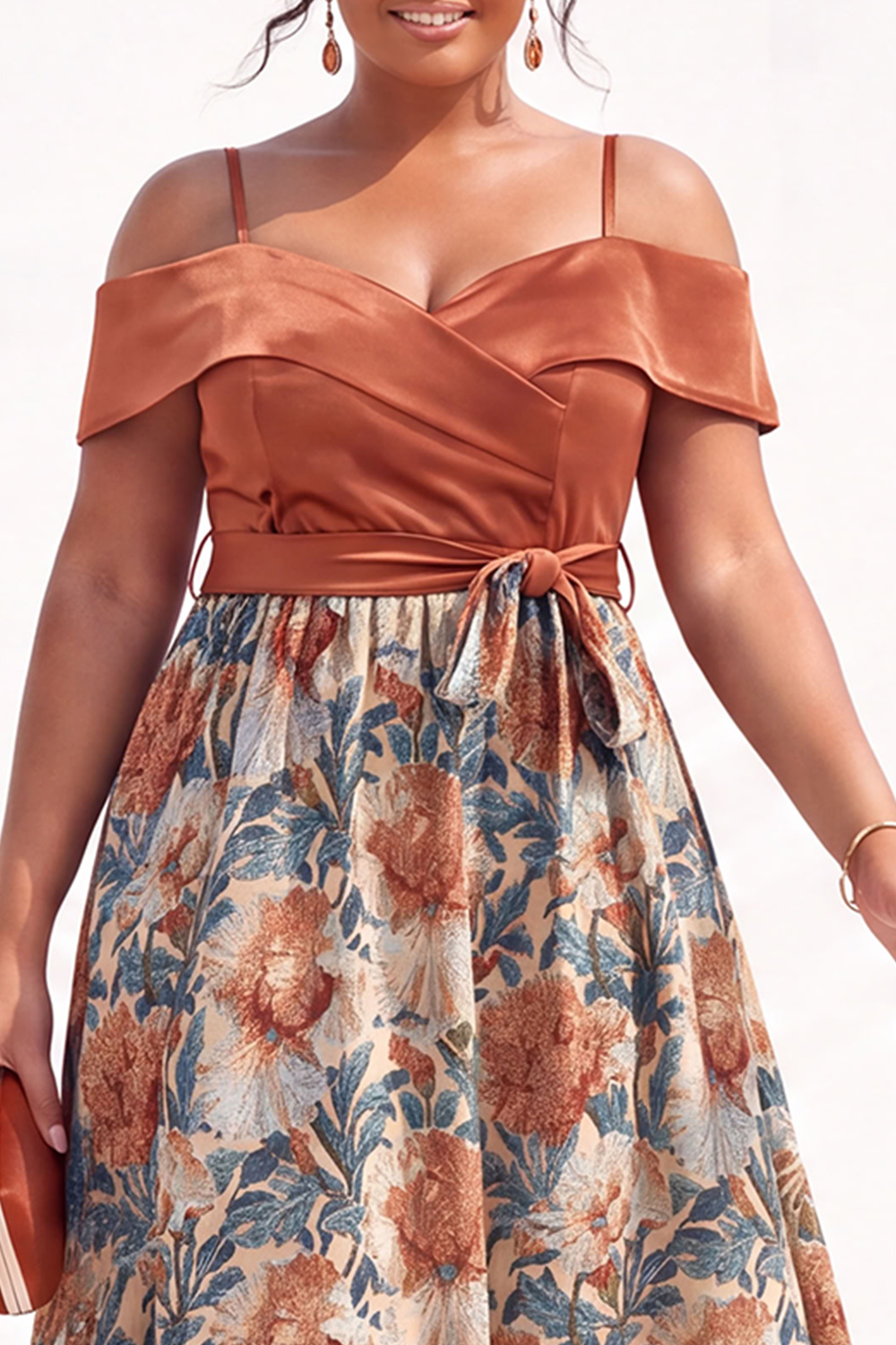 Beige Yellow Cold Shoulder A Line Floral Plus Size Wedding Guest Dress