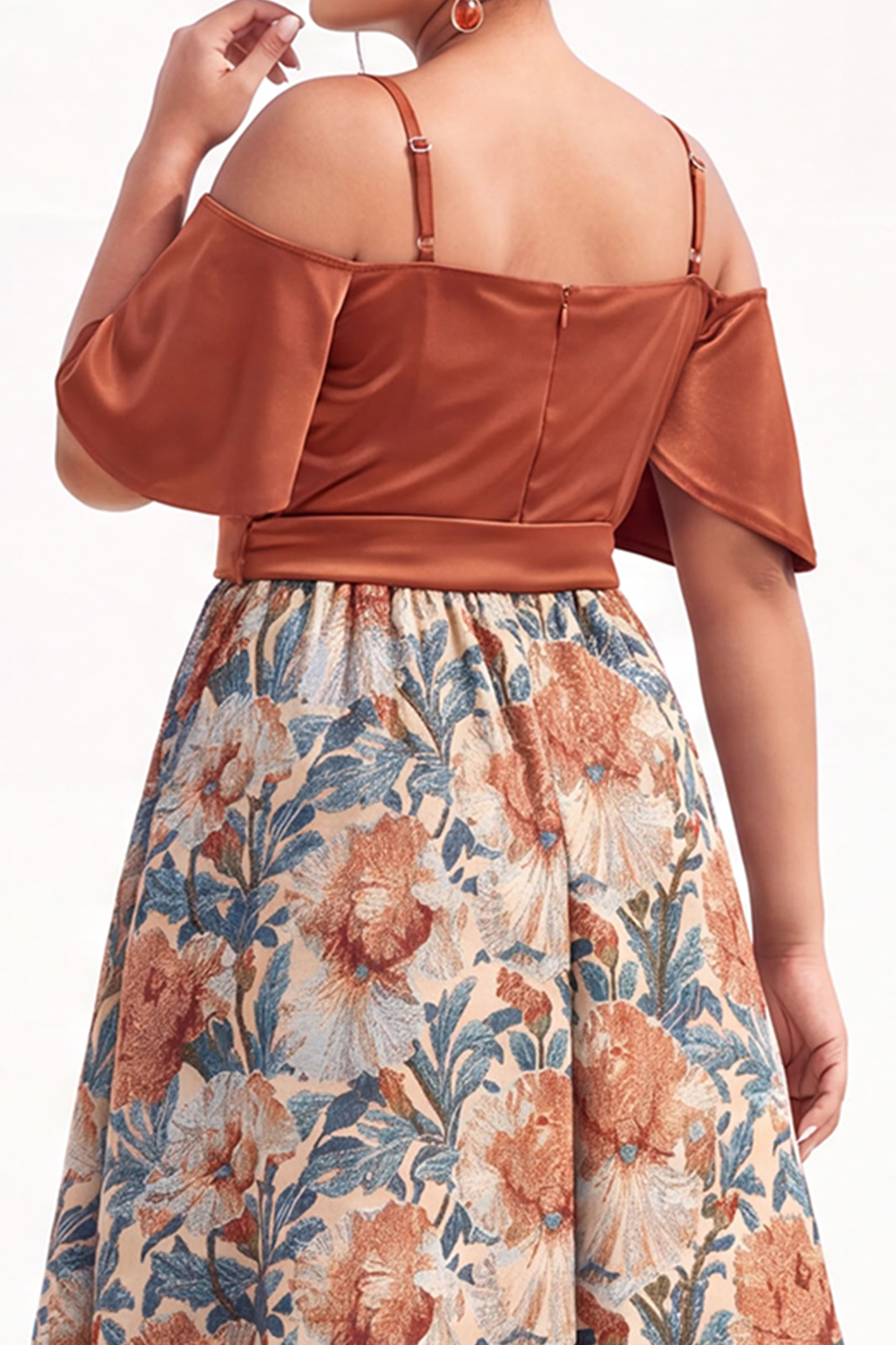 Beige Yellow Cold Shoulder A Line Floral Plus Size Wedding Guest Dress