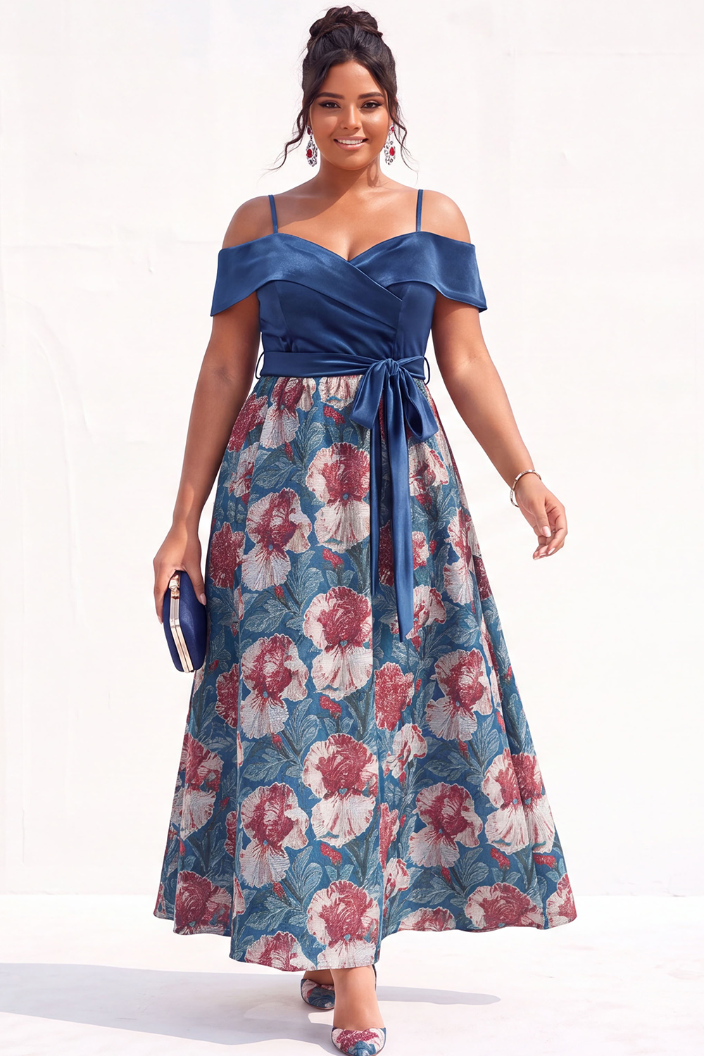 Beige Yellow Cold Shoulder A Line Floral Plus Size Wedding Guest Dress