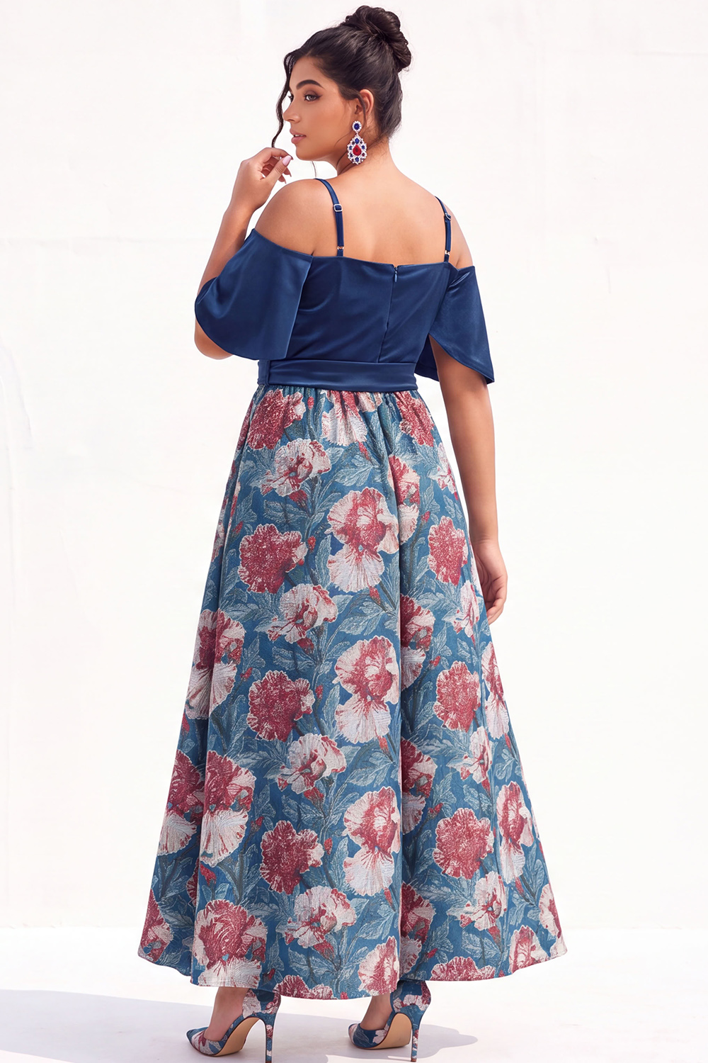 Beige Yellow Cold Shoulder A Line Floral Plus Size Wedding Guest Dress