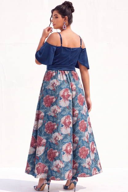 Beige Yellow Cold Shoulder A Line Floral Plus Size Wedding Guest Dress