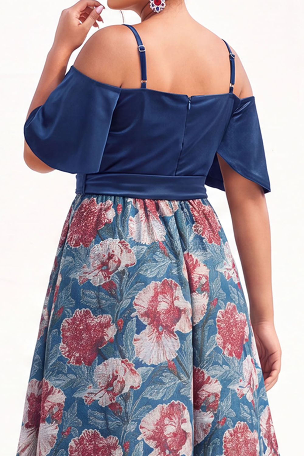 Beige Yellow Cold Shoulder A Line Floral Plus Size Wedding Guest Dress