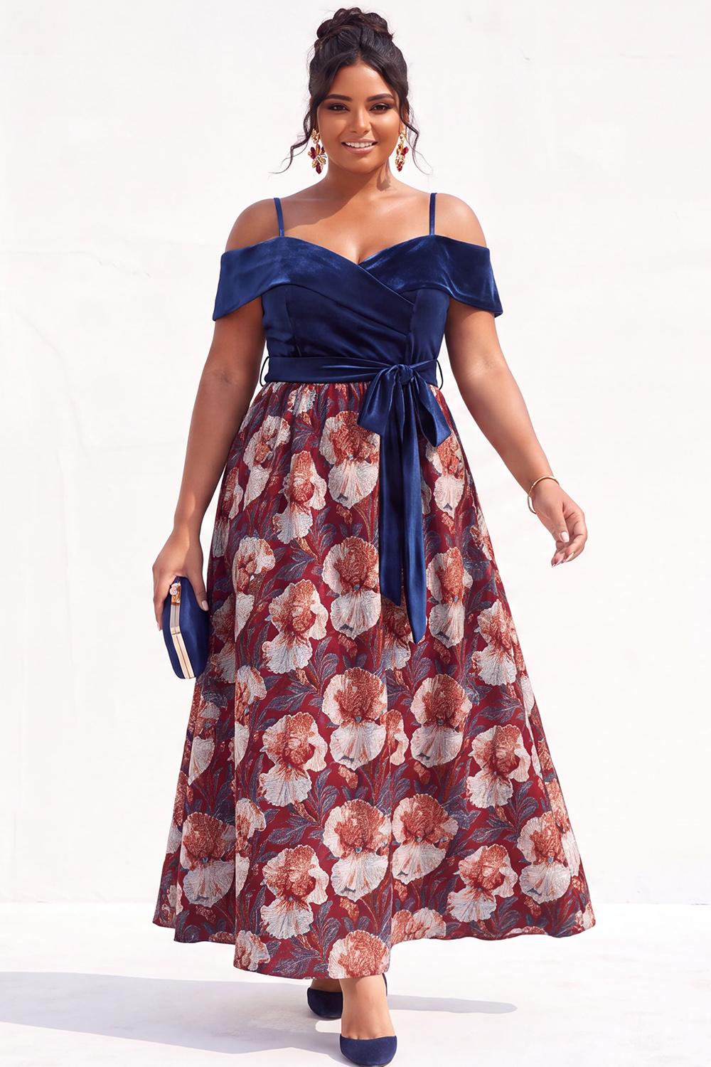 Beige Yellow Cold Shoulder A Line Floral Plus Size Wedding Guest Dress