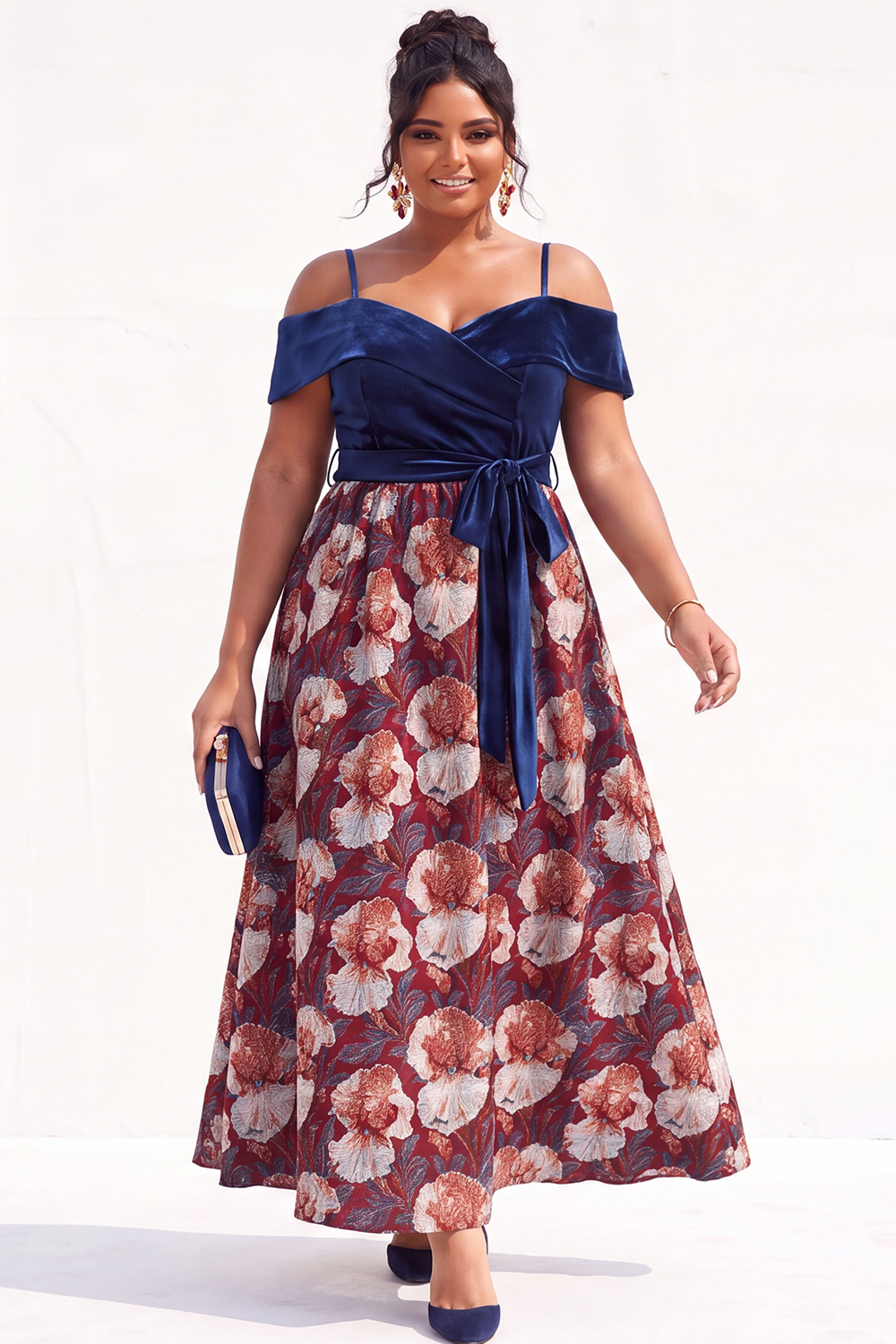 Beige Yellow Cold Shoulder A Line Floral Plus Size Wedding Guest Dress