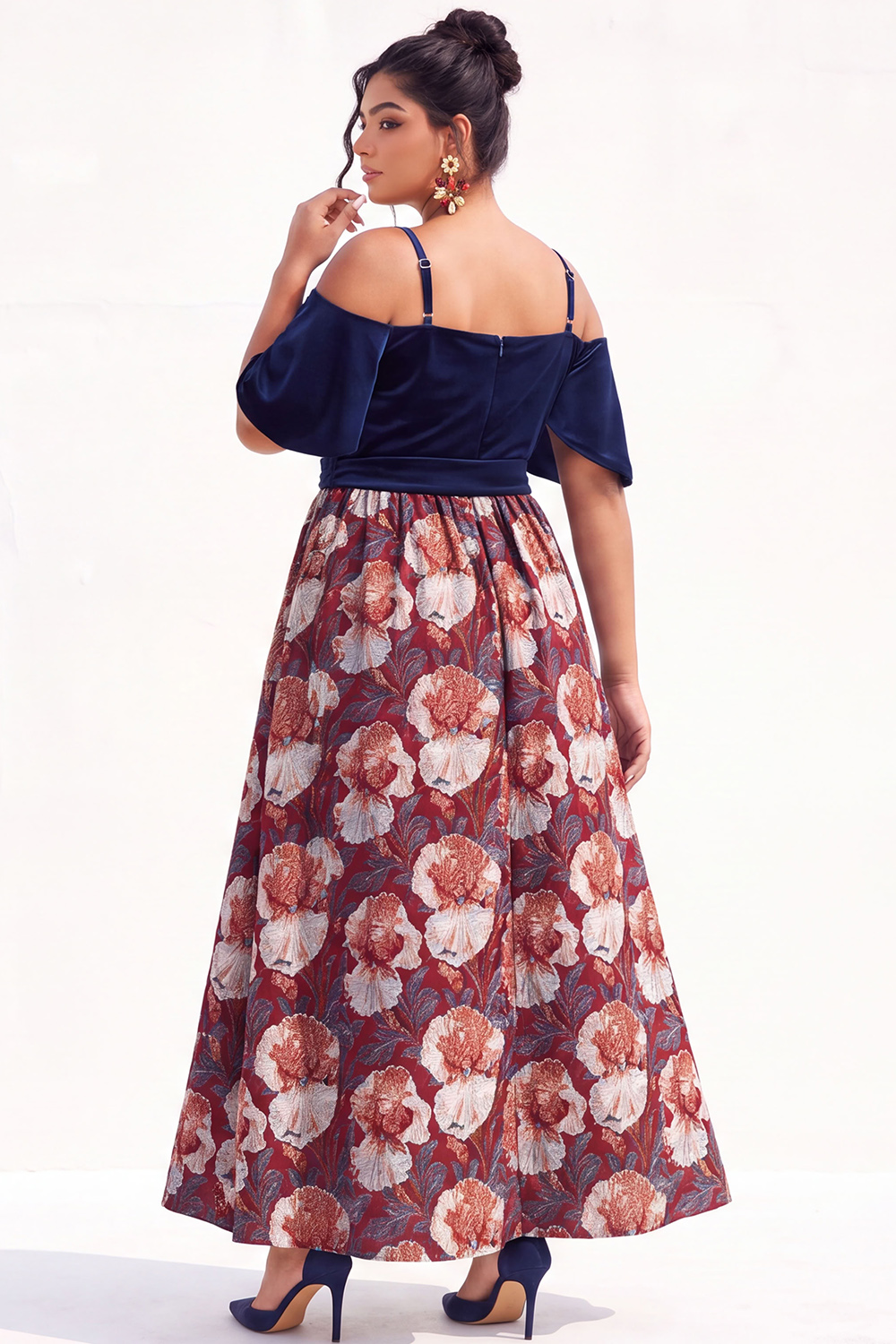 Beige Yellow Cold Shoulder A Line Floral Plus Size Wedding Guest Dress