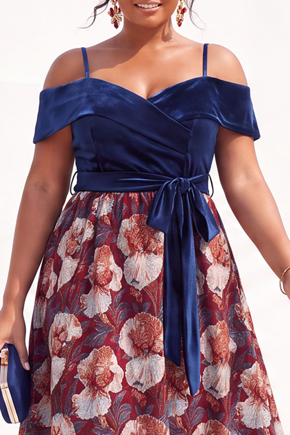 Beige Yellow Cold Shoulder A Line Floral Plus Size Wedding Guest Dress