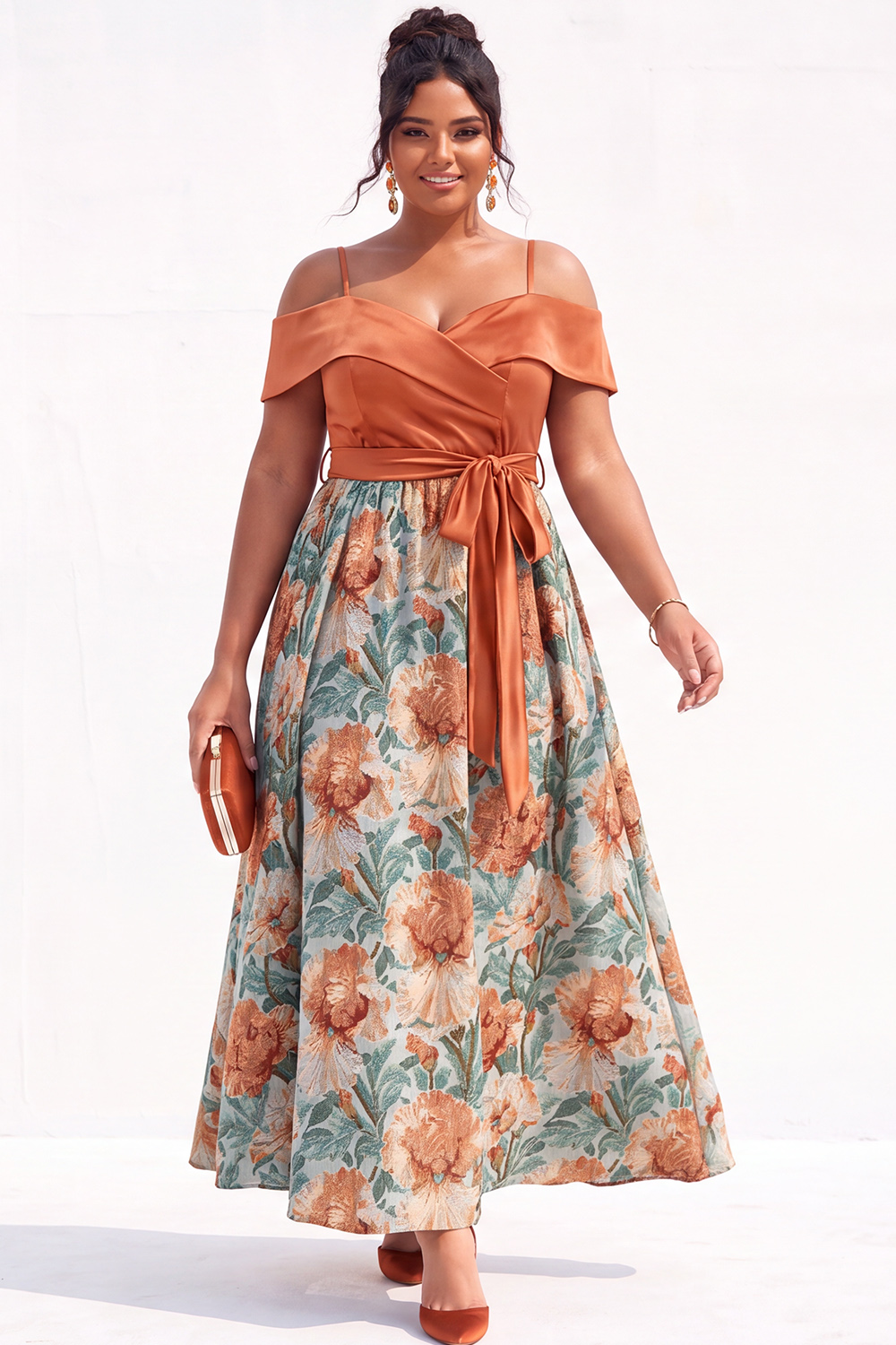 Beige Yellow Cold Shoulder A Line Floral Plus Size Wedding Guest Dress