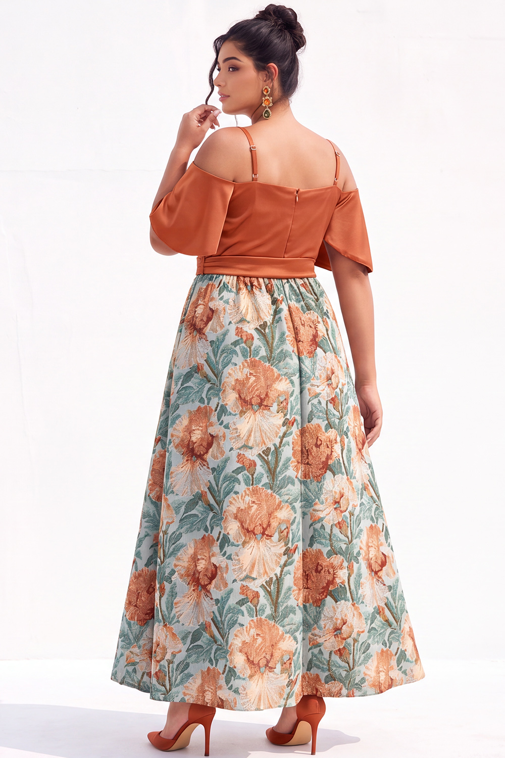 Beige Yellow Cold Shoulder A Line Floral Plus Size Wedding Guest Dress