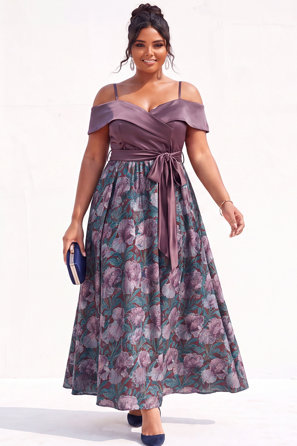 Beige Yellow Cold Shoulder A Line Floral Plus Size Wedding Guest Dress