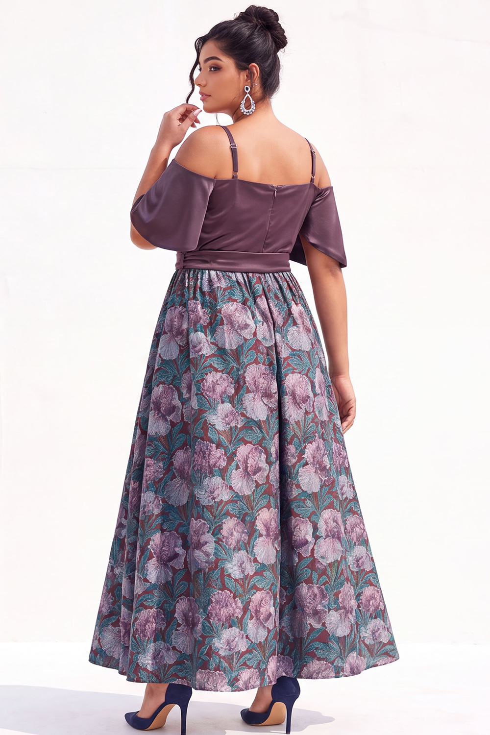 Beige Yellow Cold Shoulder A Line Floral Plus Size Wedding Guest Dress