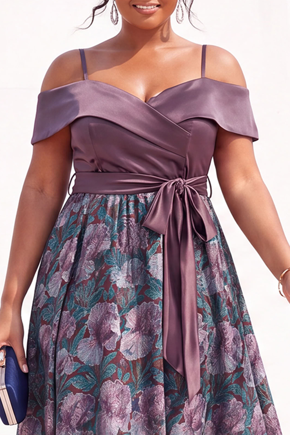 Beige Yellow Cold Shoulder A Line Floral Plus Size Wedding Guest Dress