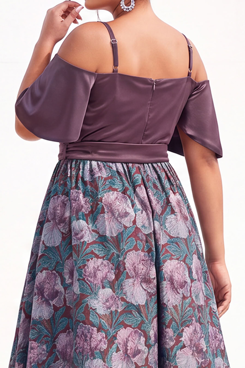 Beige Yellow Cold Shoulder A Line Floral Plus Size Wedding Guest Dress