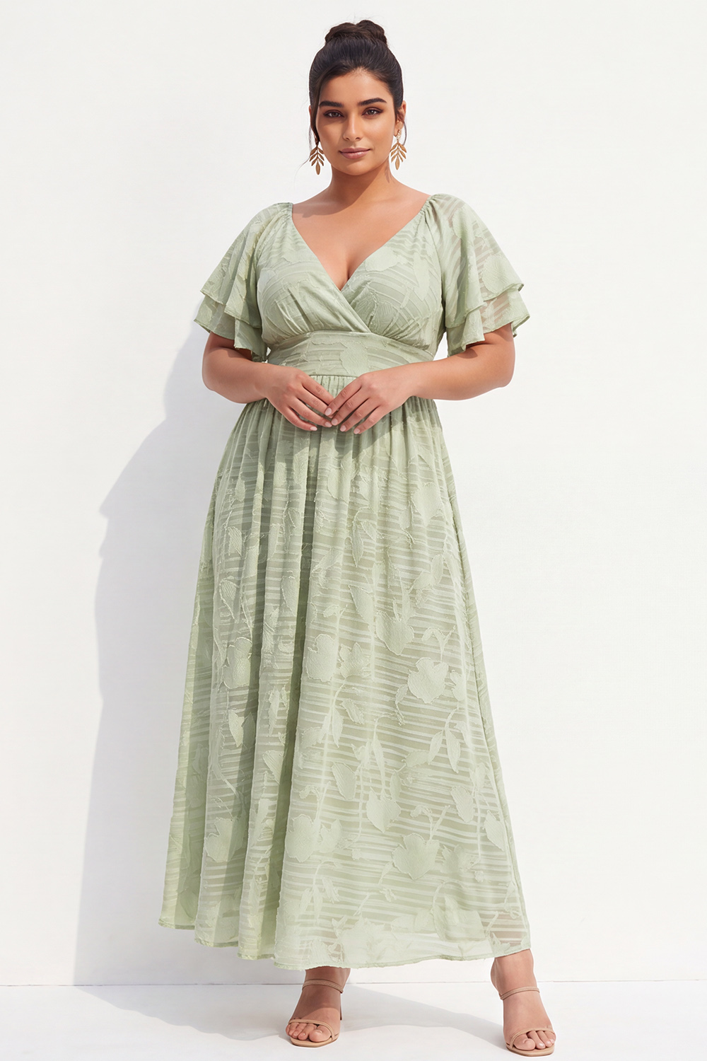Light Sage Floral Jacquard A Line Plus Size Maxi Dress