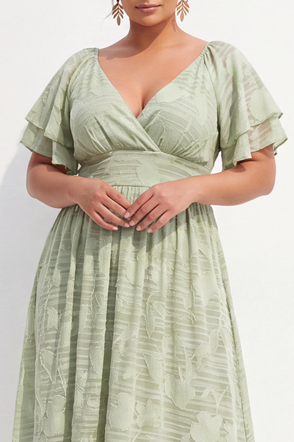 Light Sage Floral Jacquard A Line Plus Size Maxi Dress