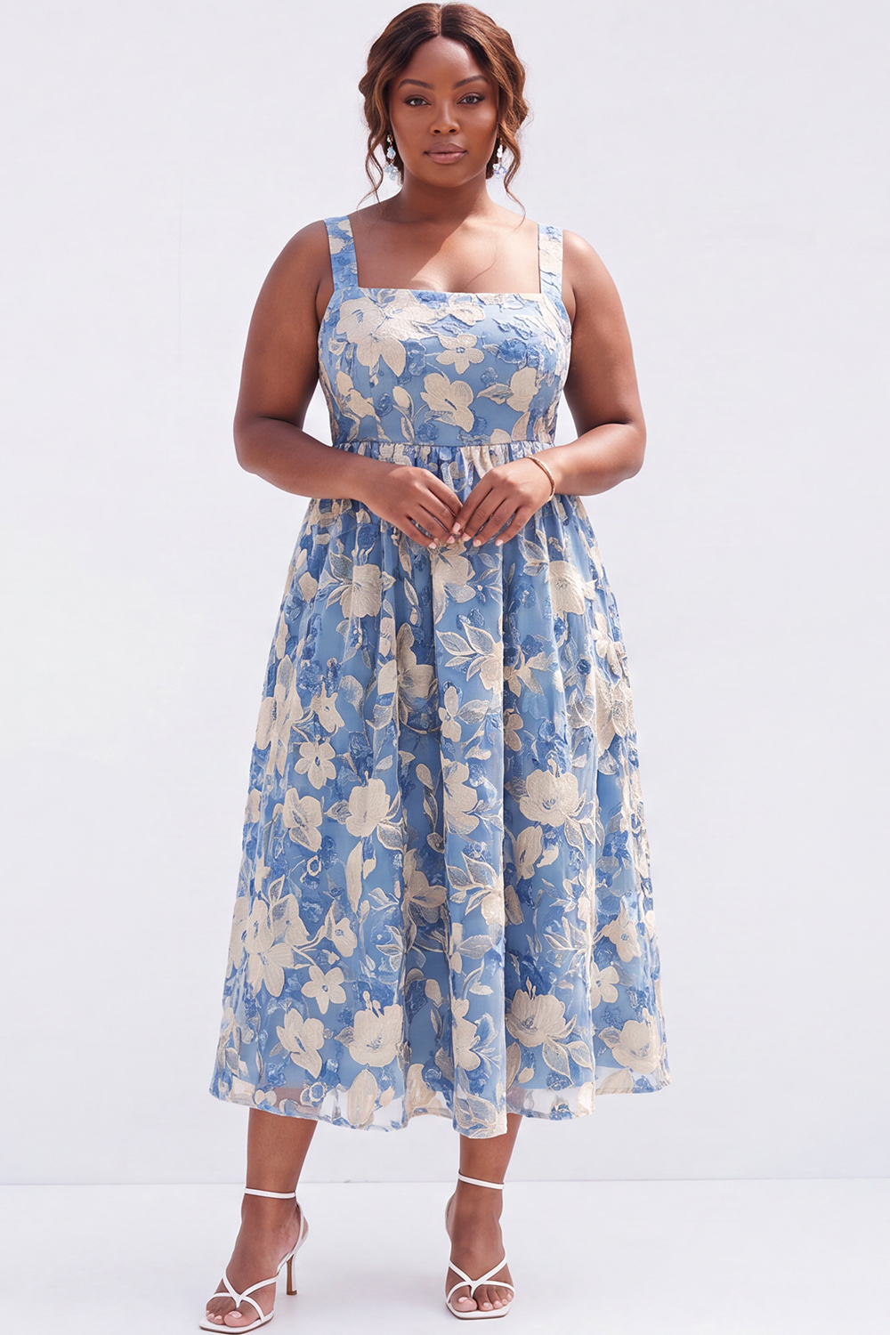 Blue Plus Size A-Line Square Neck Floral Midi Wedding Guest Dress
