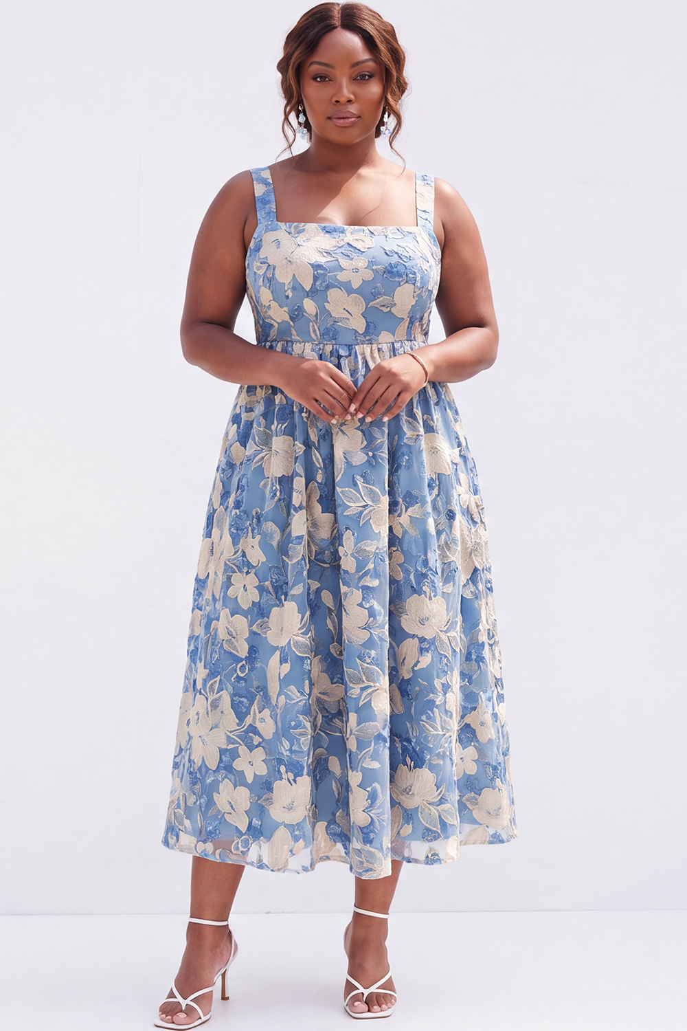 Blue Plus Size A-Line Square Neck Floral Midi Wedding Guest Dress