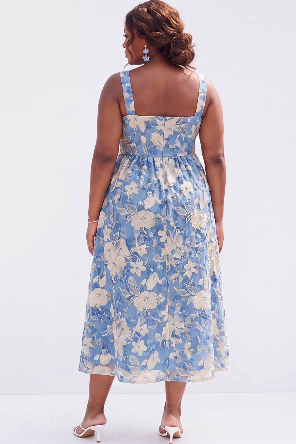 Blue Plus Size A-Line Square Neck Floral Midi Wedding Guest Dress