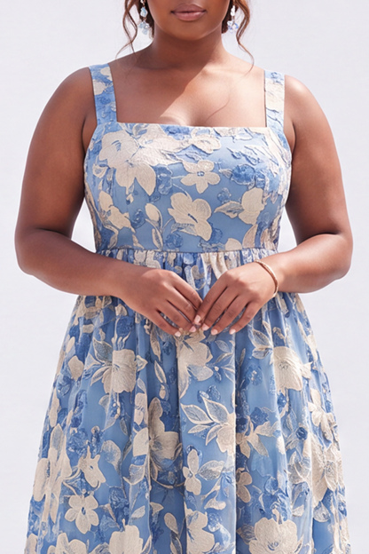 Blue Plus Size A-Line Square Neck Floral Midi Wedding Guest Dress