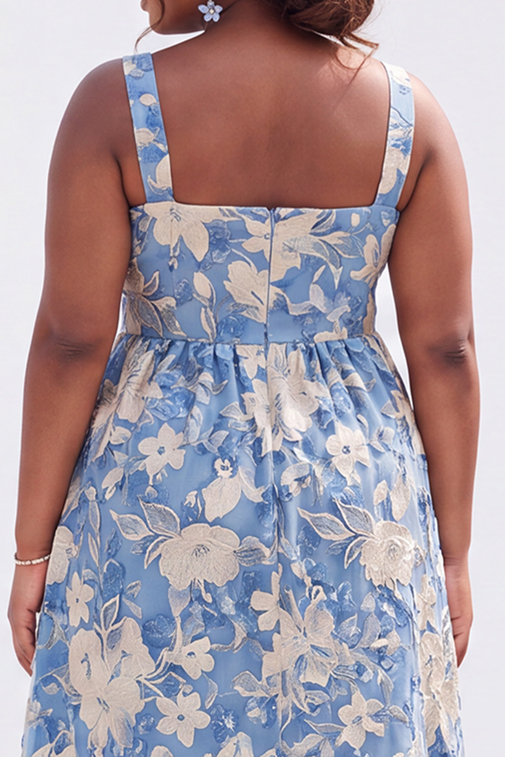 Blue Plus Size A-Line Square Neck Floral Midi Wedding Guest Dress
