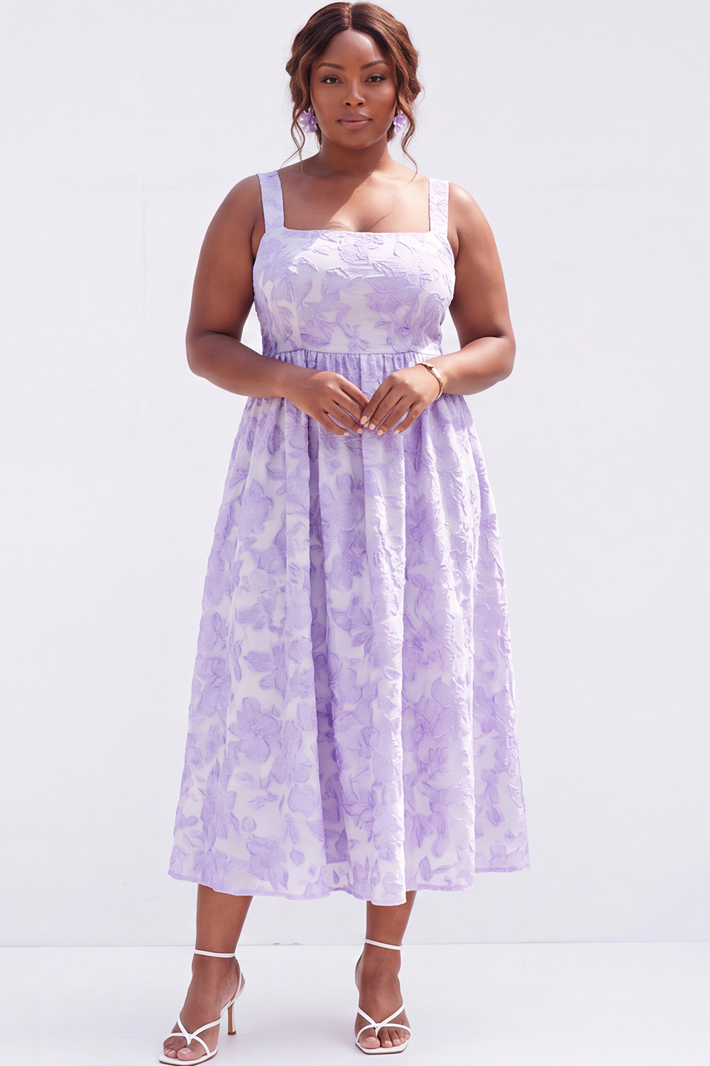Blue Plus Size A-Line Square Neck Floral Midi Wedding Guest Dress