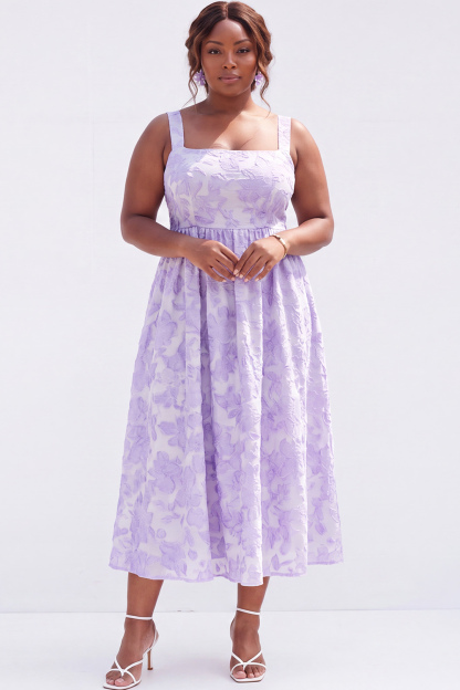 Blue Plus Size A-Line Square Neck Floral Midi Wedding Guest Dress