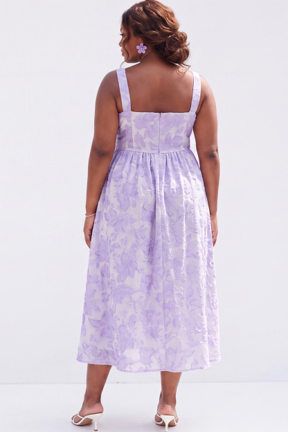 Blue Plus Size A-Line Square Neck Floral Midi Wedding Guest Dress