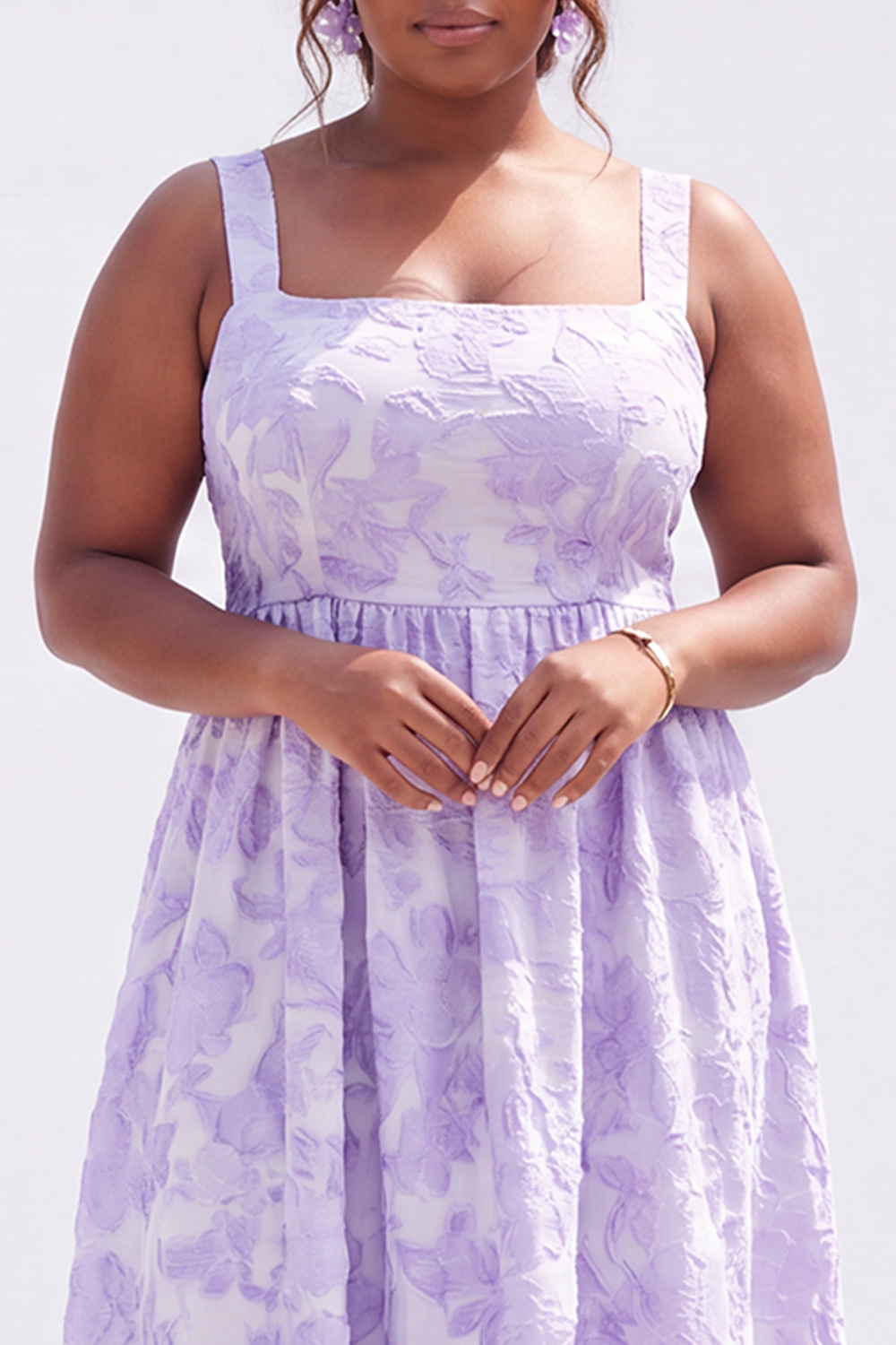 Blue Plus Size A-Line Square Neck Floral Midi Wedding Guest Dress