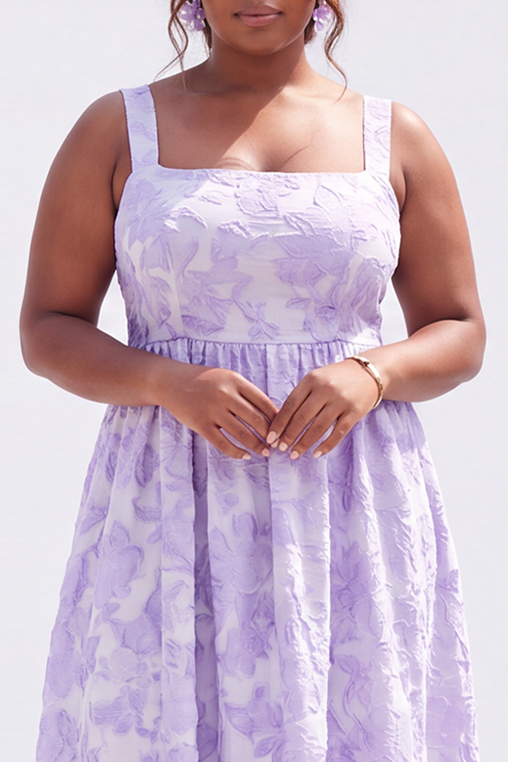 Blue Plus Size A-Line Square Neck Floral Midi Wedding Guest Dress