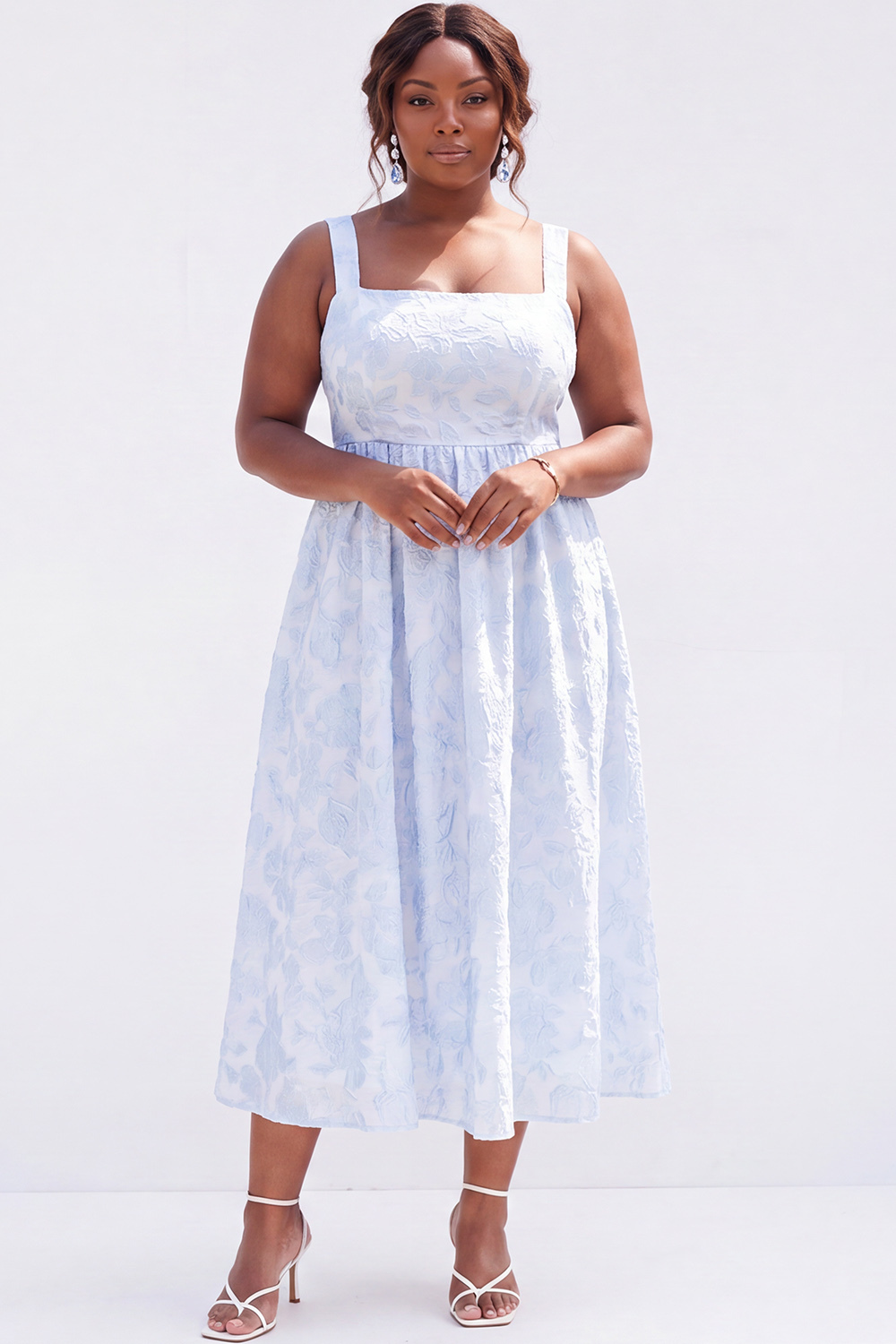 Blue Plus Size A-Line Square Neck Floral Midi Wedding Guest Dress