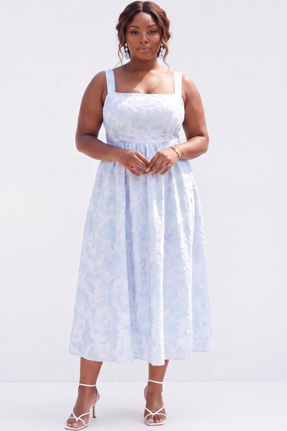 Blue Plus Size A-Line Square Neck Floral Midi Wedding Guest Dress