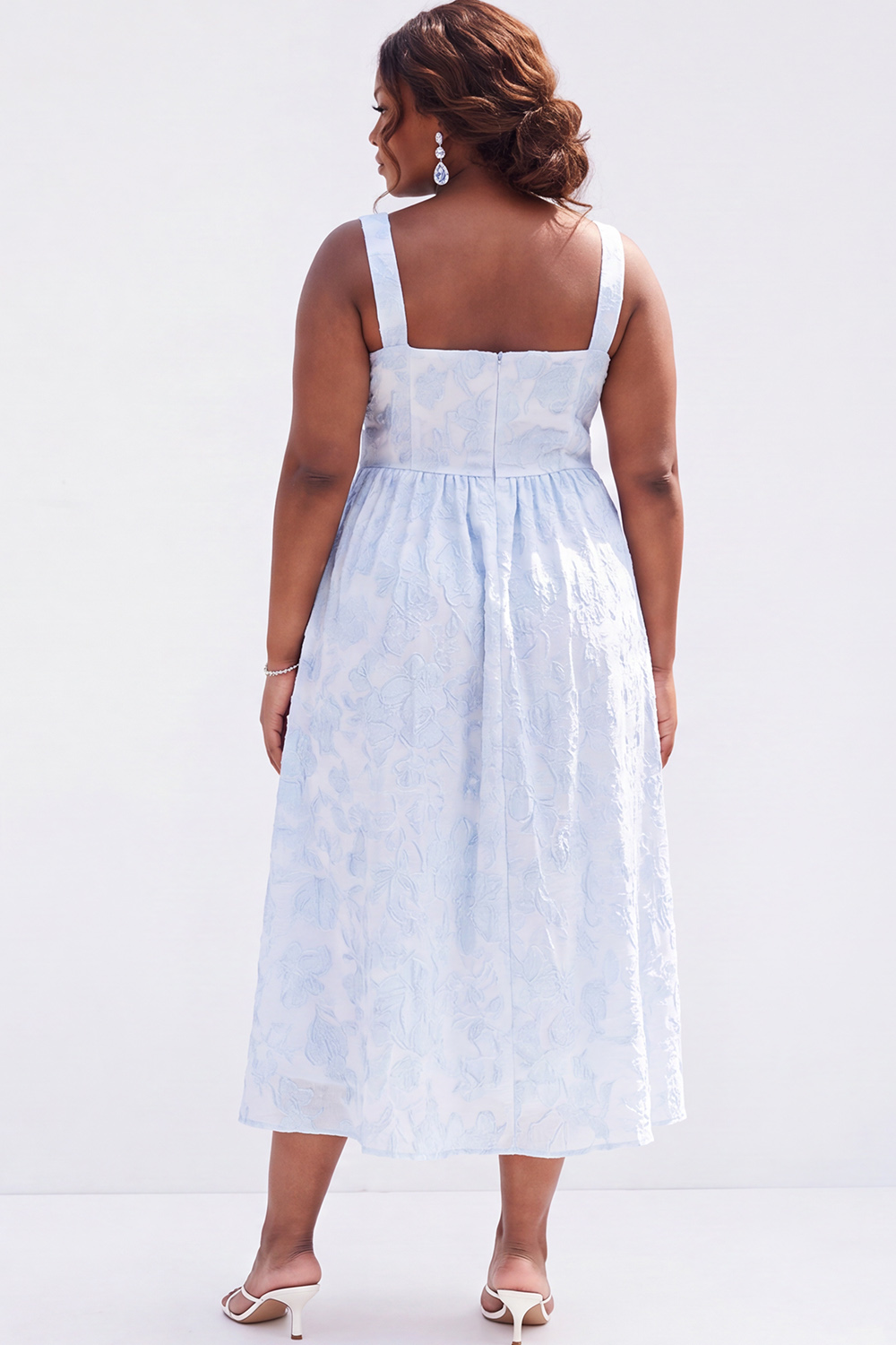 Blue Plus Size A-Line Square Neck Floral Midi Wedding Guest Dress