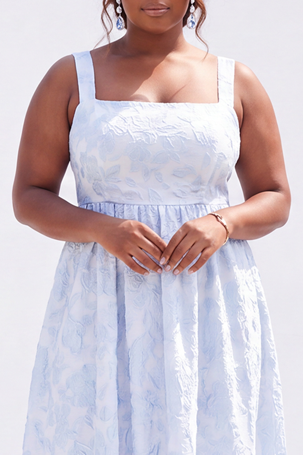 Blue Plus Size A-Line Square Neck Floral Midi Wedding Guest Dress