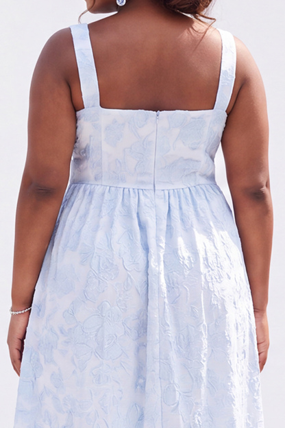Blue Plus Size A-Line Square Neck Floral Midi Wedding Guest Dress