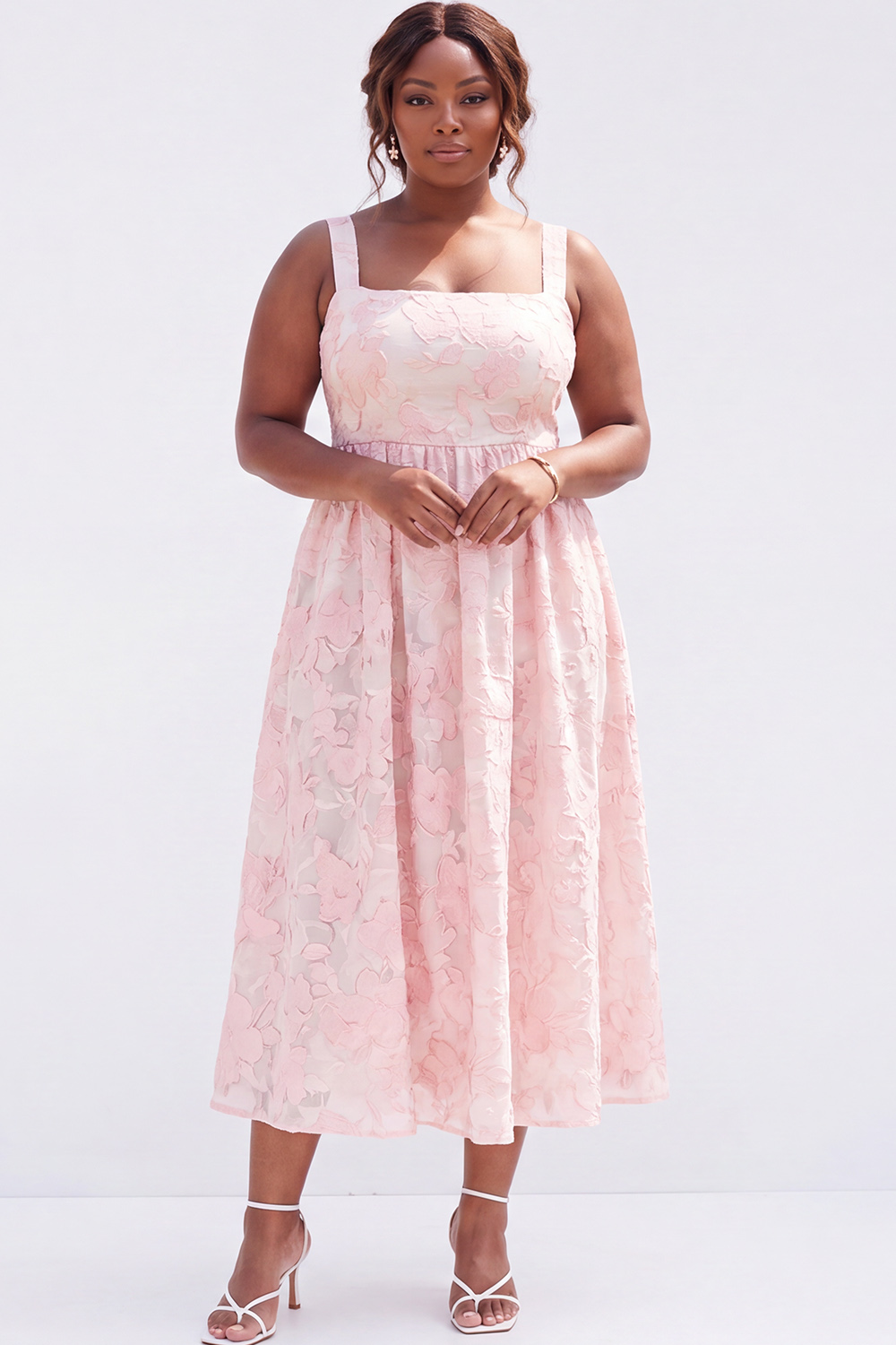Blue Plus Size A-Line Square Neck Floral Midi Wedding Guest Dress
