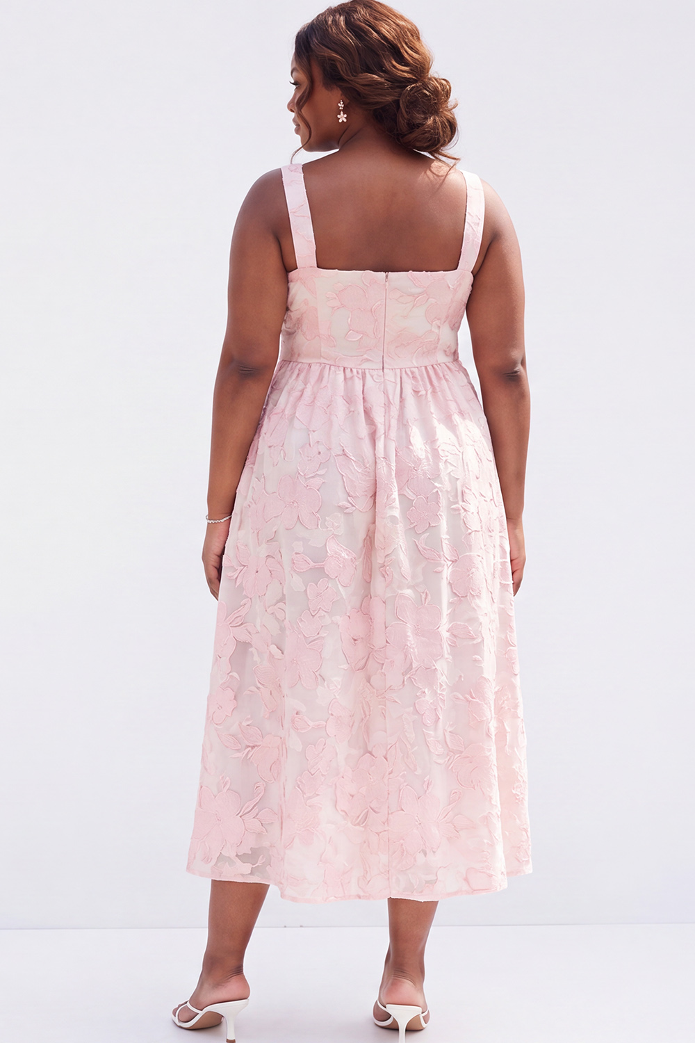 Blue Plus Size A-Line Square Neck Floral Midi Wedding Guest Dress