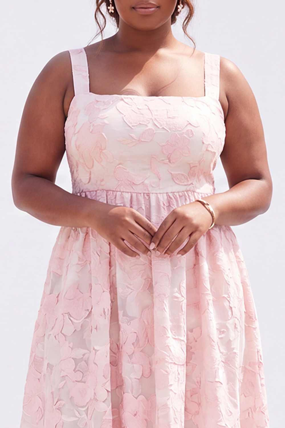Blue Plus Size A-Line Square Neck Floral Midi Wedding Guest Dress