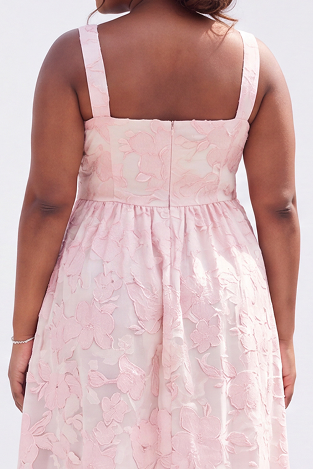 Blue Plus Size A-Line Square Neck Floral Midi Wedding Guest Dress