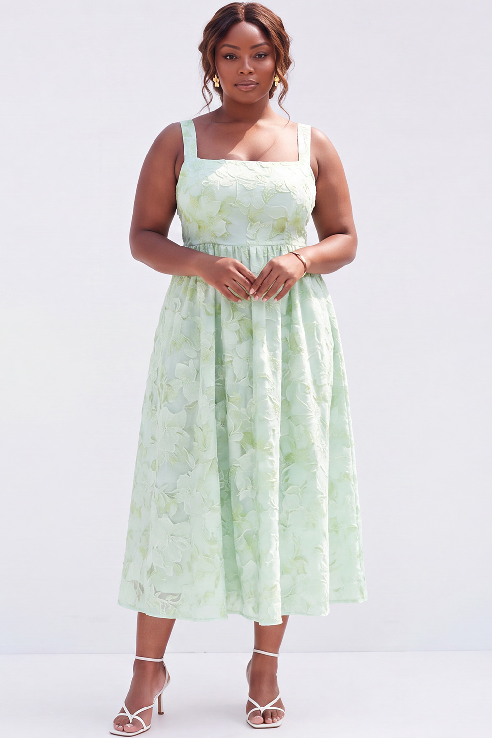 Dressself Women Blue Plus Size Midi Wedding Guest Dress Floral Jacquard A Line Square Neck Tea Party Dress