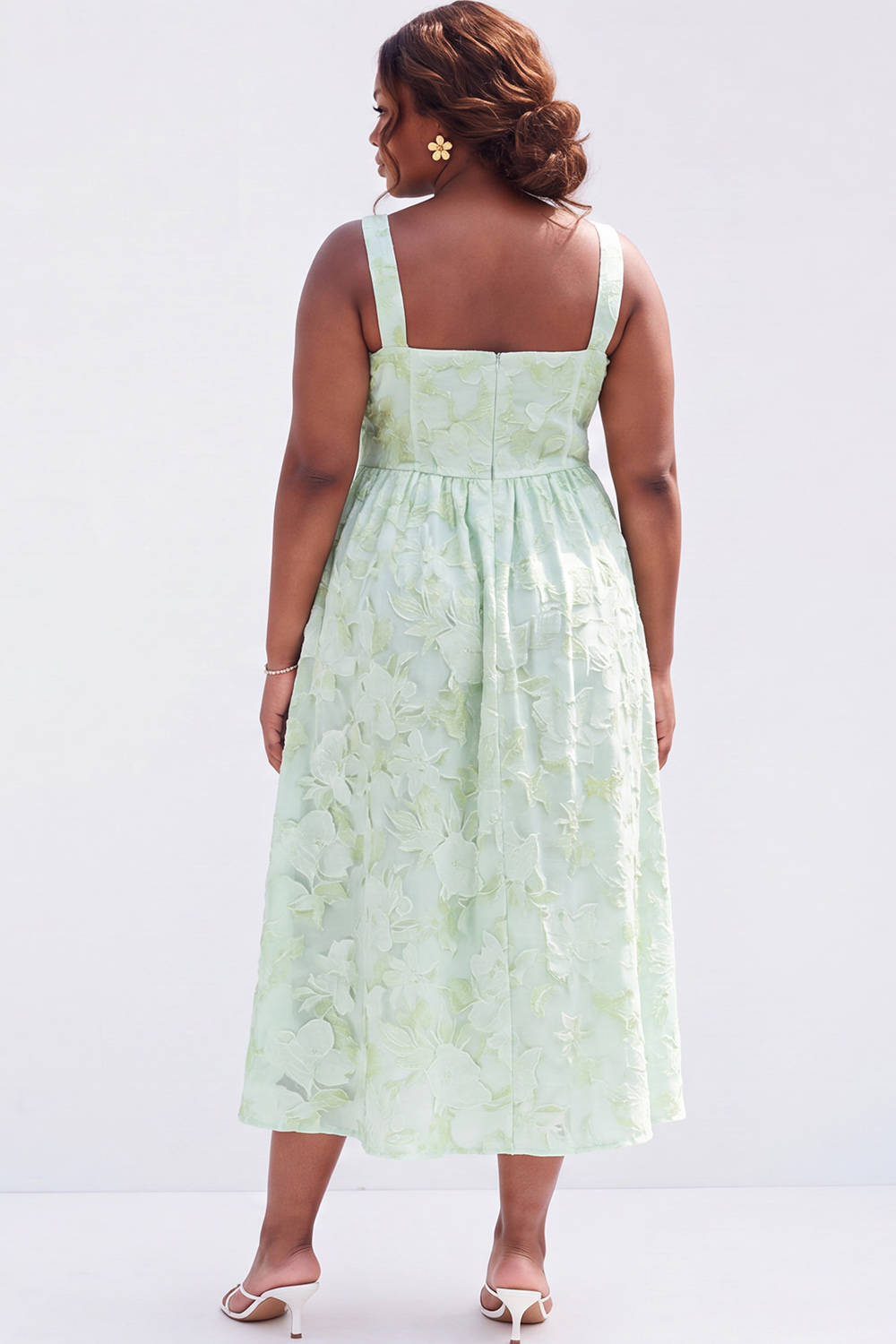 Blue Plus Size A-Line Square Neck Floral Midi Wedding Guest Dress