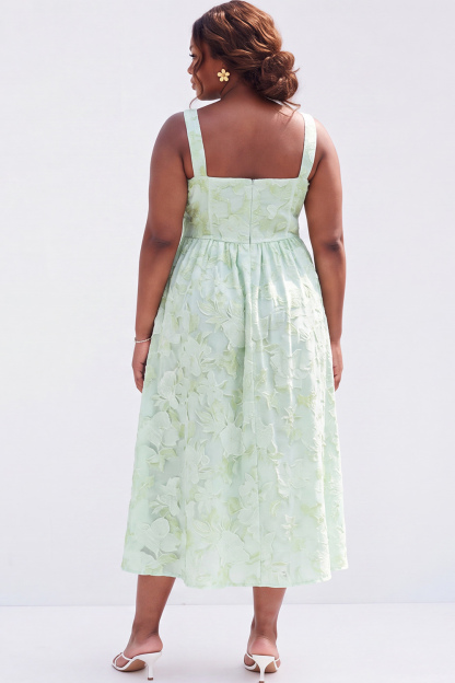 Blue Plus Size A-Line Square Neck Floral Midi Wedding Guest Dress