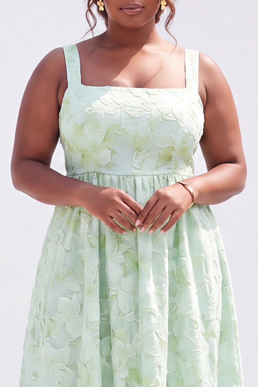 Blue Plus Size A-Line Square Neck Floral Midi Wedding Guest Dress