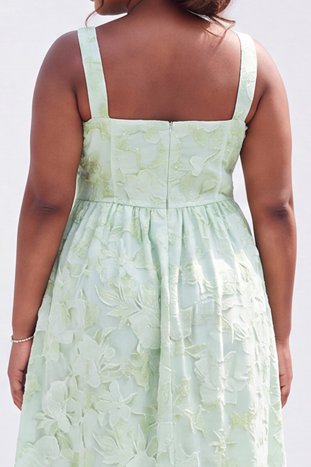 Blue Plus Size A-Line Square Neck Floral Midi Wedding Guest Dress