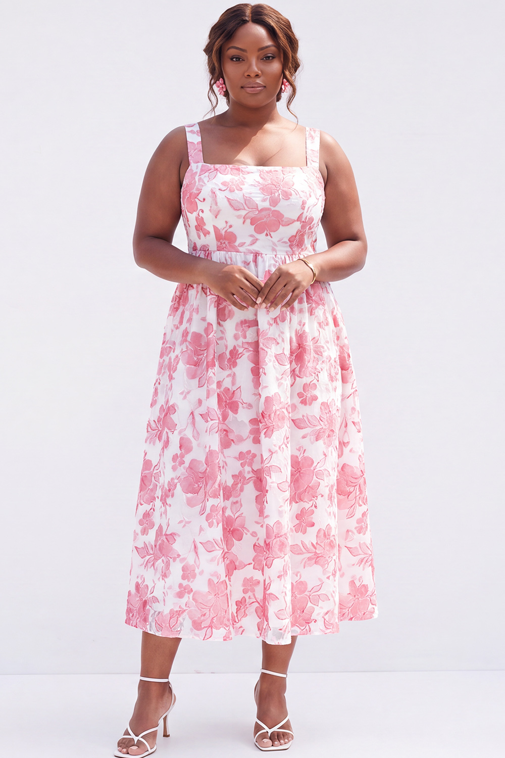 Blue Plus Size A-Line Square Neck Floral Midi Wedding Guest Dress