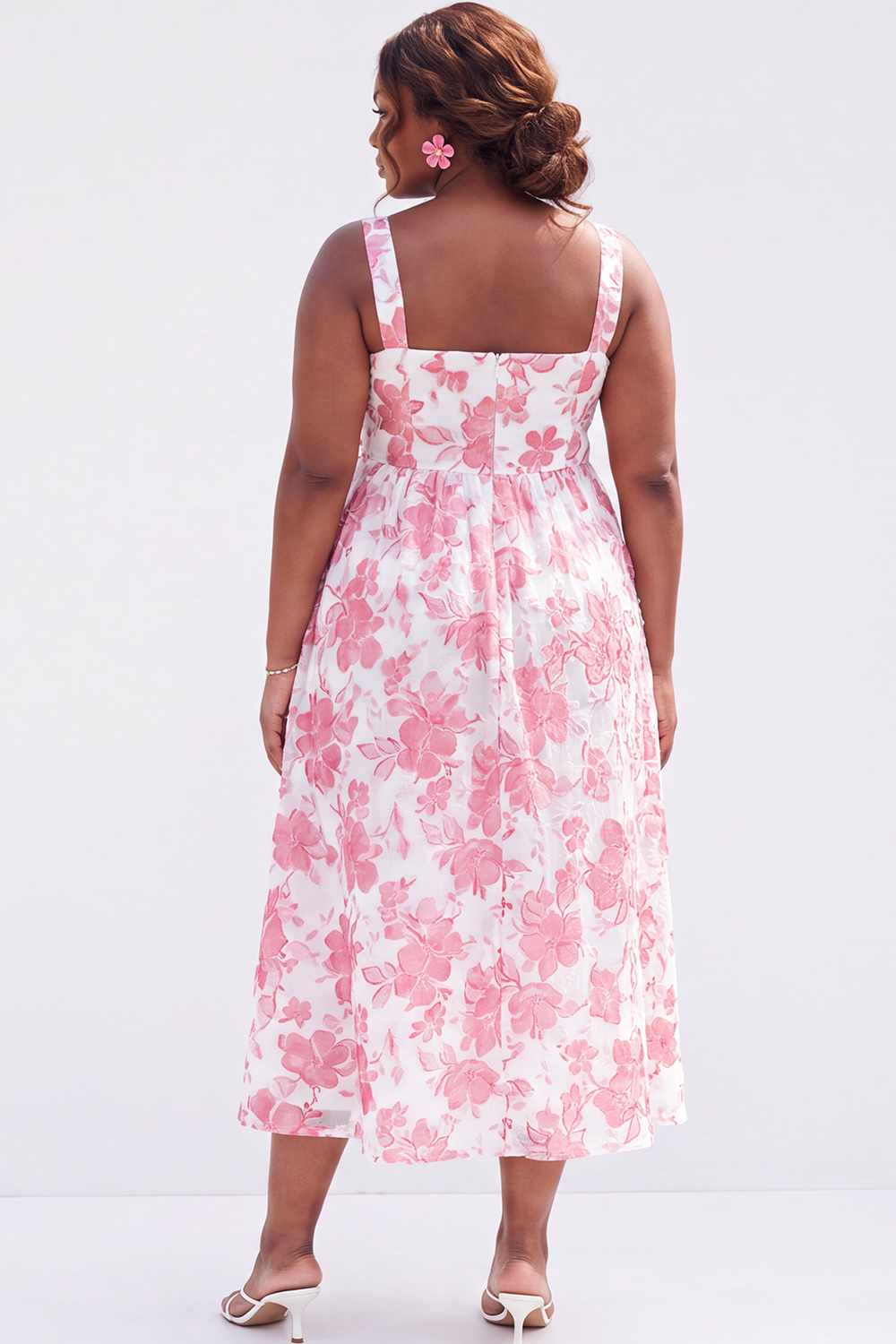 Blue Plus Size A-Line Square Neck Floral Midi Wedding Guest Dress