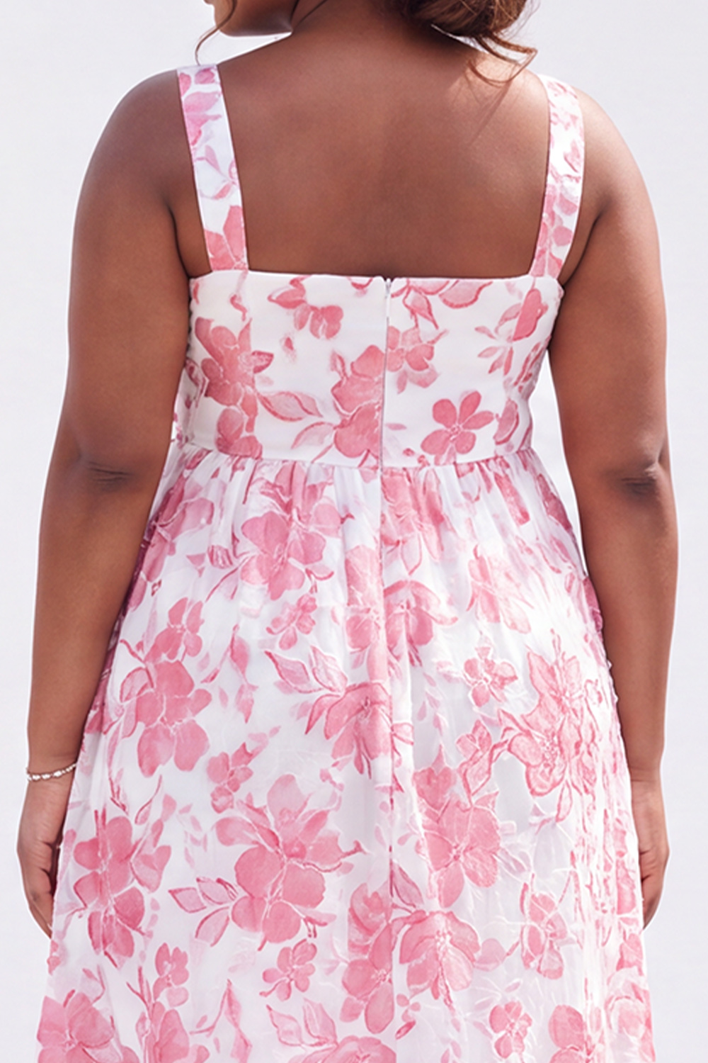 Blue Plus Size A-Line Square Neck Floral Midi Wedding Guest Dress